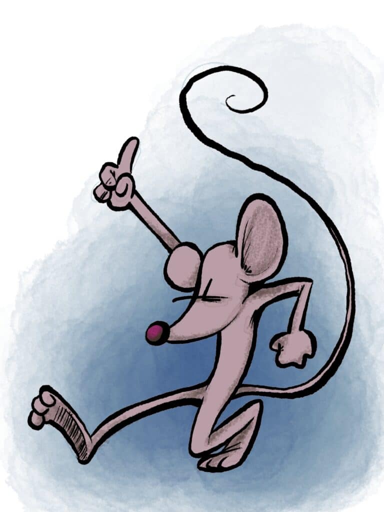 A pink mouse with eyes closed strikes a disco pose, one finger pointed skyward and long tail curling.