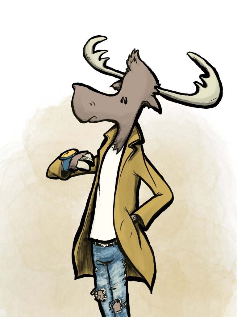 A moose in a mustard trench coat, white tee and ripped jeans checks his wristwatch, one hand on his hip.