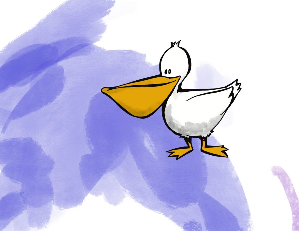 A white pelican with a huge orange beak and wide eyes stands on orange webbed feet.