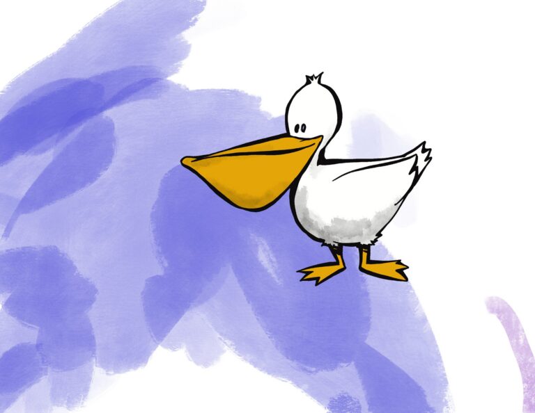 A white pelican with a huge orange beak and wide eyes stands on orange webbed feet.