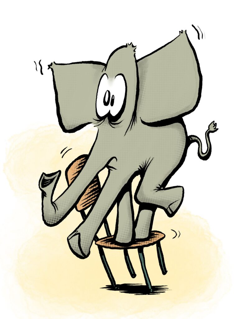 A wide-eyed gray elephant trembles as it balances on a small wooden chair, ears and tail shaking.