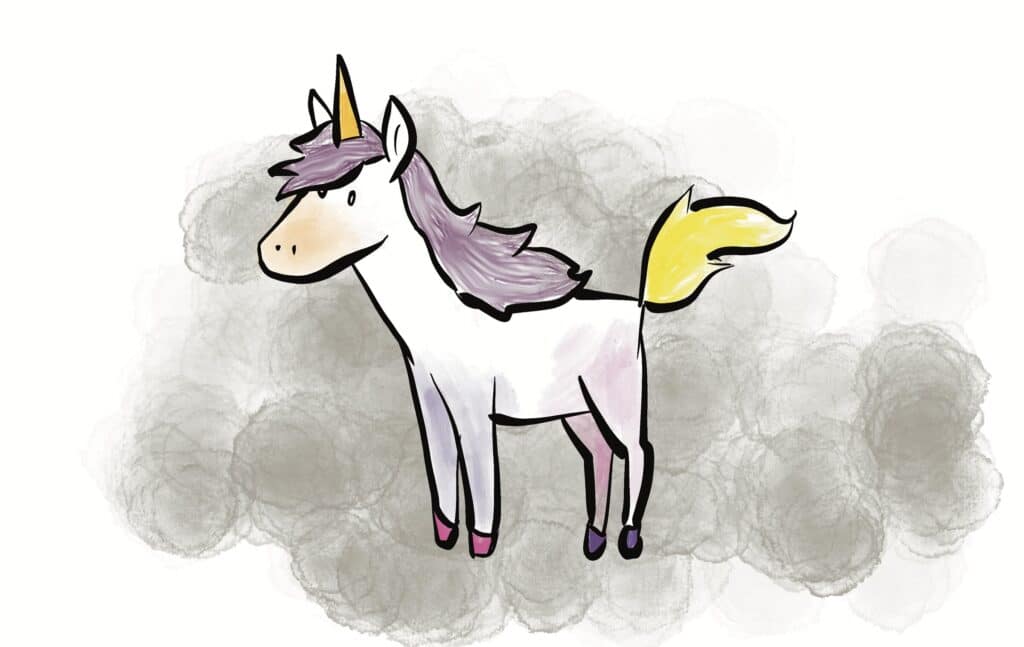 A white unicorn with a lavender mane, golden horn and yellow tail stands quietly gazing ahead.