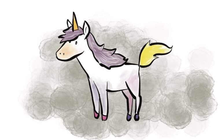 A white unicorn with a lavender mane, golden horn and yellow tail stands quietly gazing ahead.