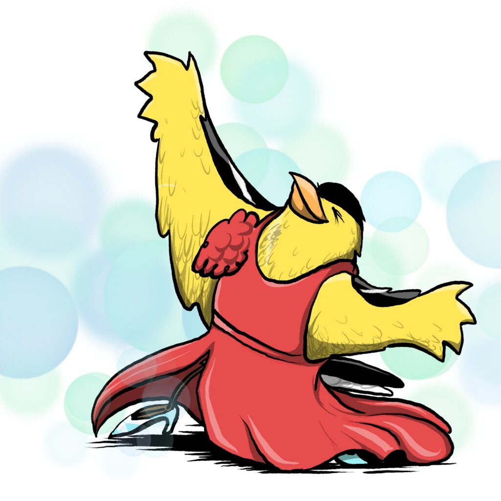 A yellow goldfinch in a flowing red dress throws its wings wide and sings to the sky, surrounded by soft blue and green bubbles.
