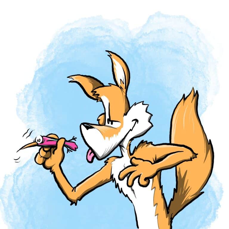 A grinning orange fox, tongue out, hand on its chest, holds up a squirming pink worm like a trophy.