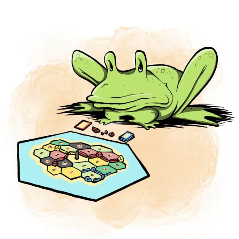 A green frog lies flat on its belly with heavy-lidded eyes, chin on the floor, beside a hex-tile board game.
