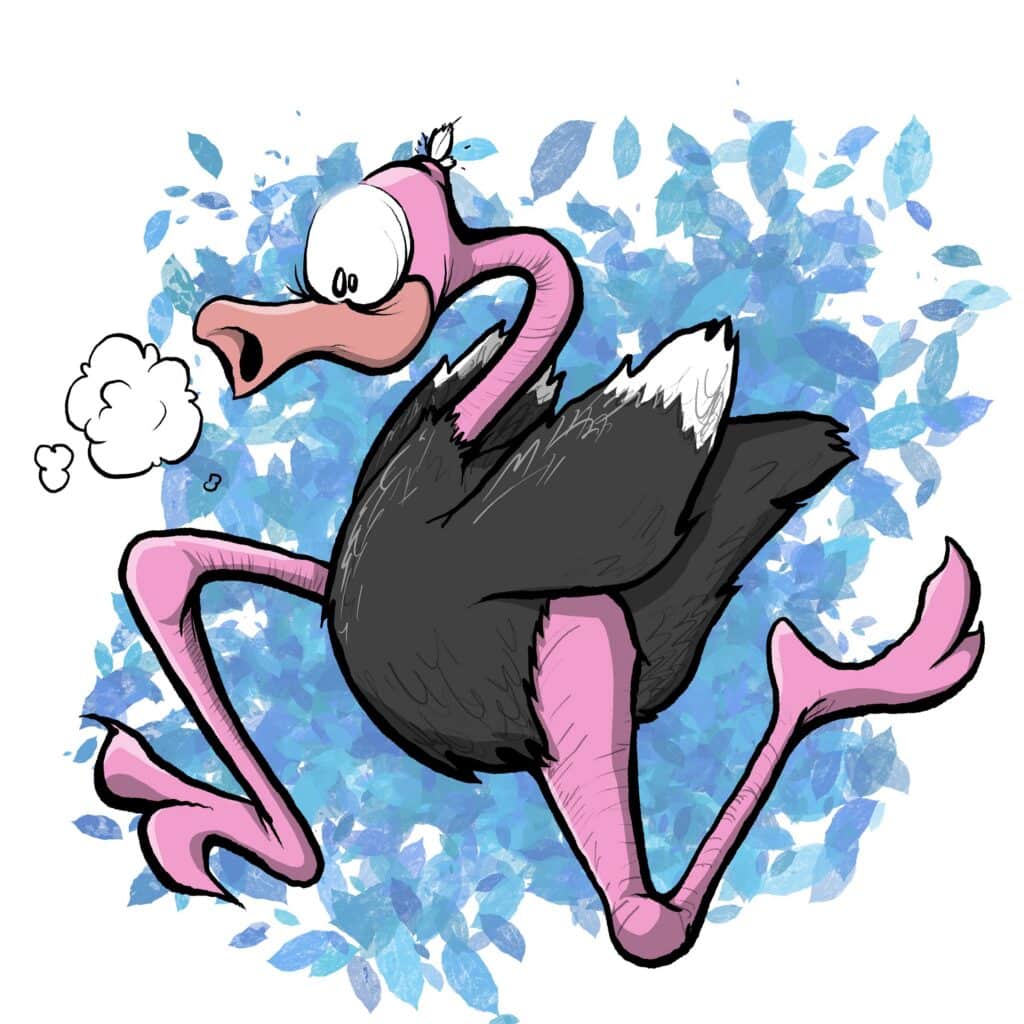 A pink-legged black ostrich with bulging eyes staggers forward, huffing out a puff of breath, against a swirl of blue leaves.