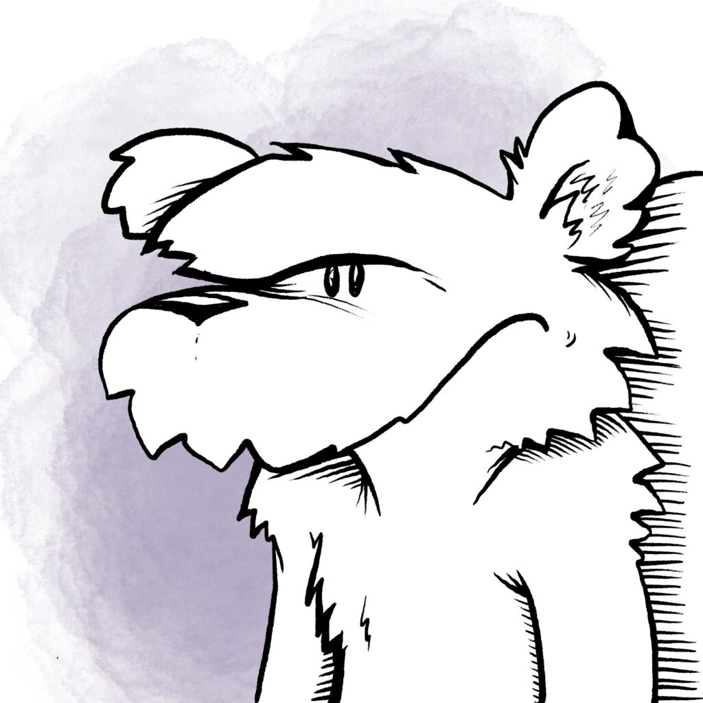 A scowling white squirrel, drawn in bold black ink, glares sideways with furrowed brows.