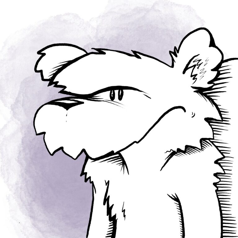 A scowling white squirrel, drawn in bold black ink, glares sideways with furrowed brows.