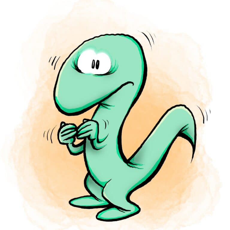 A mint-green skink with huge watery eyes wrings its hands and trembles in place.
