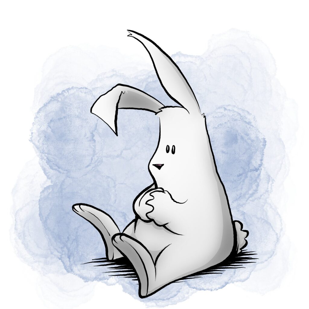 A white bunny sits on the ground with paws folded on its belly, eyes calm and one ear flopped.