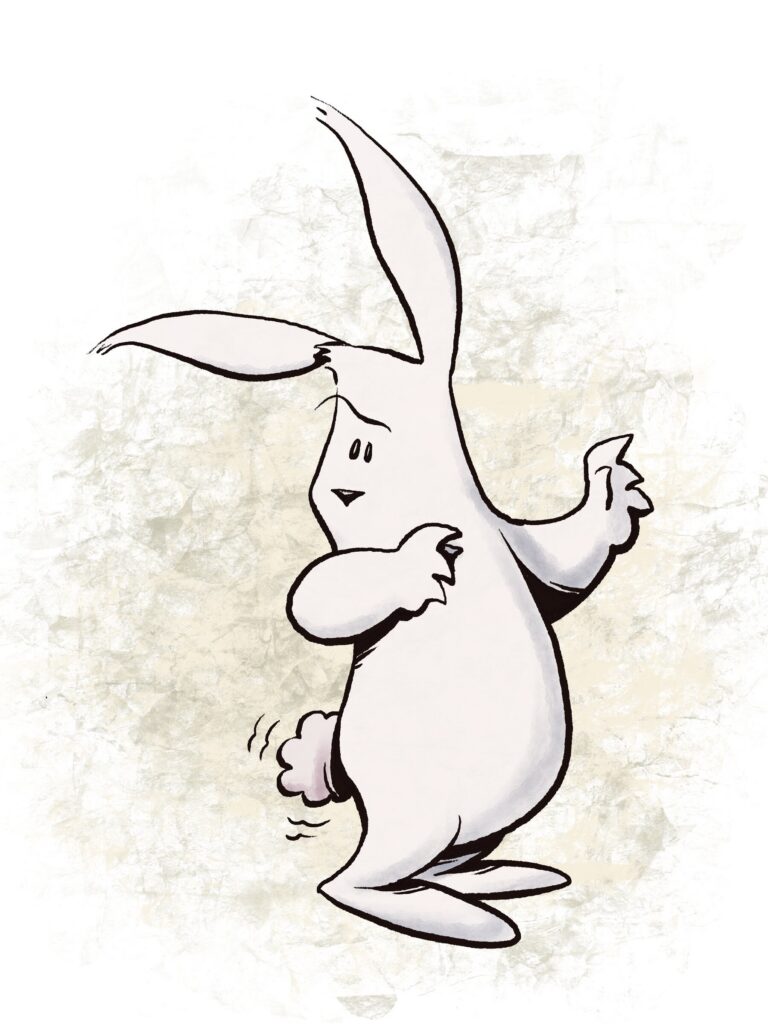 A white rabbit with one ear up and one flopped glances sideways, paws clutched to its chest and tail twitching.