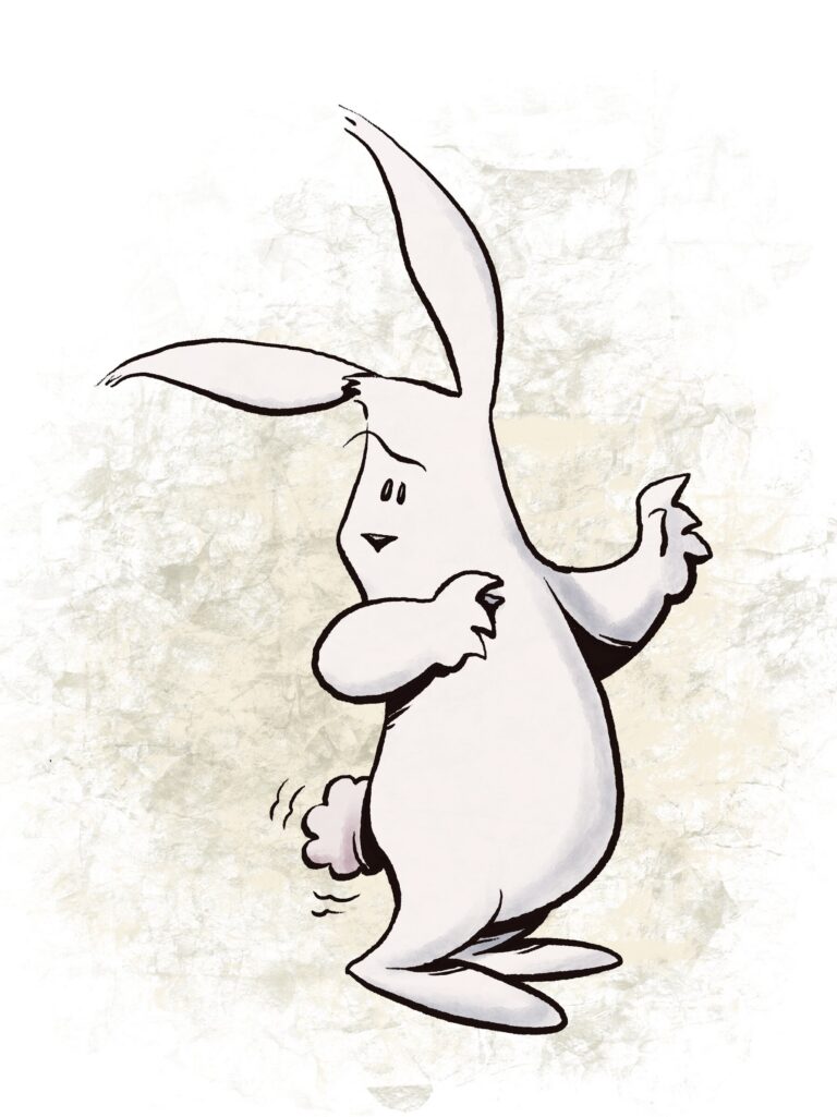 A white rabbit with one ear up and one flopped glances sideways, paws clutched to its chest and tail twitching.