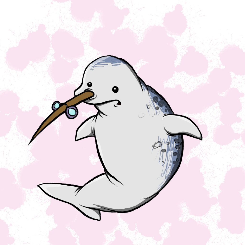 A gray narwhal with a speckled back chatters away, its tusk wearing a tiny pair of glasses.