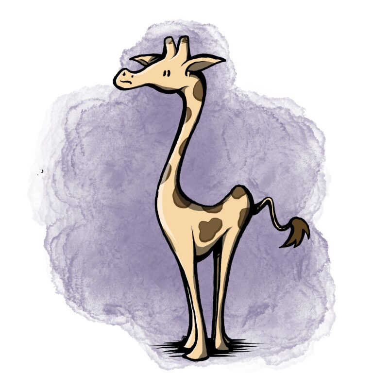 A spotted tan giraffe stands still on long thin legs, head turned aside with a small frown.