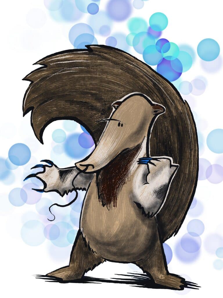 A giant anteater stands with its bushy tail raised behind it, admiring its long blue claws, amid floating blue and violet bubbles.