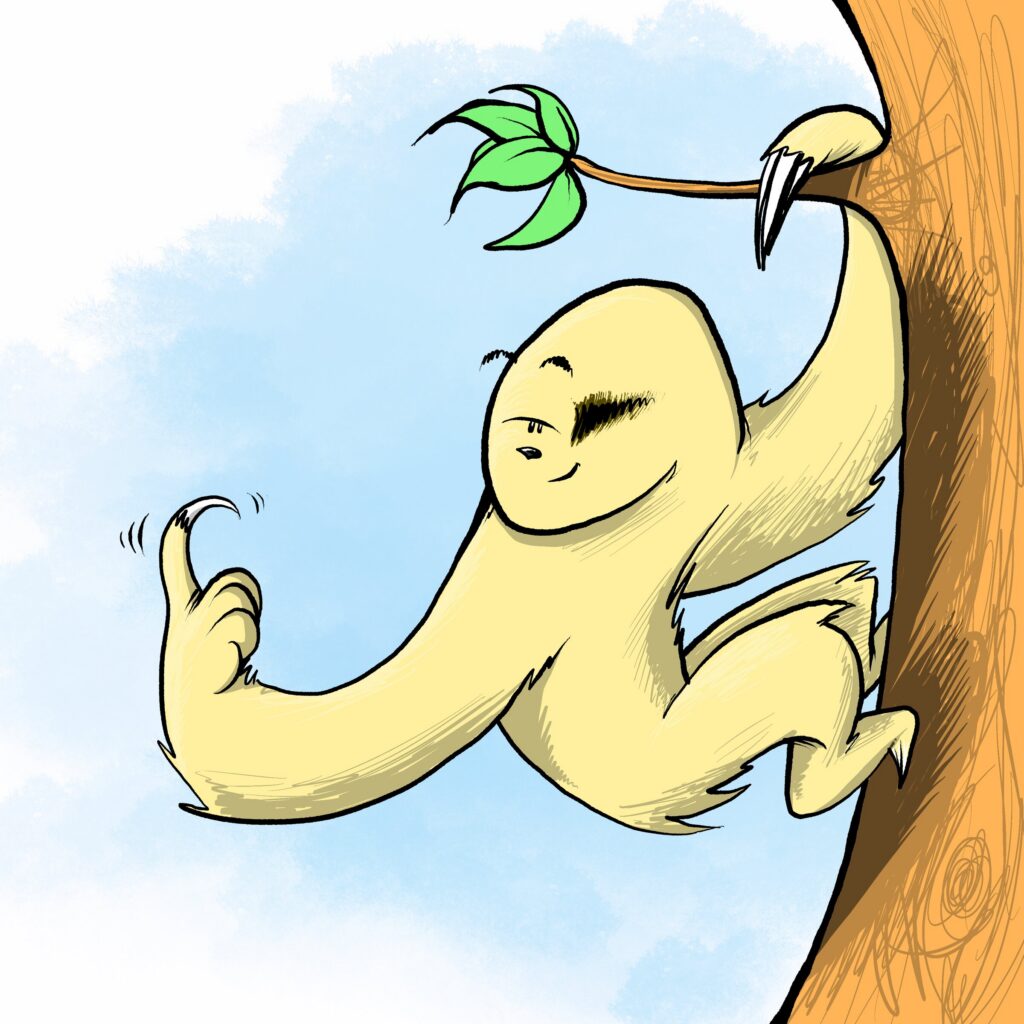 A pale yellow sloth hangs from a tree branch, eyes half closed and smiling, crooking one claw to beckon.