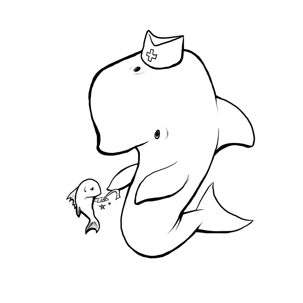 A smiling gray porpoise in a nurse's cap gently bandages the fin of a small teal fish, in black and white.