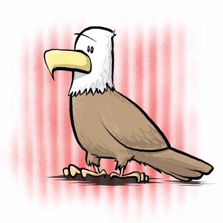 A bald eagle with a big yellow beak stands still, its small eyes glancing sideways.