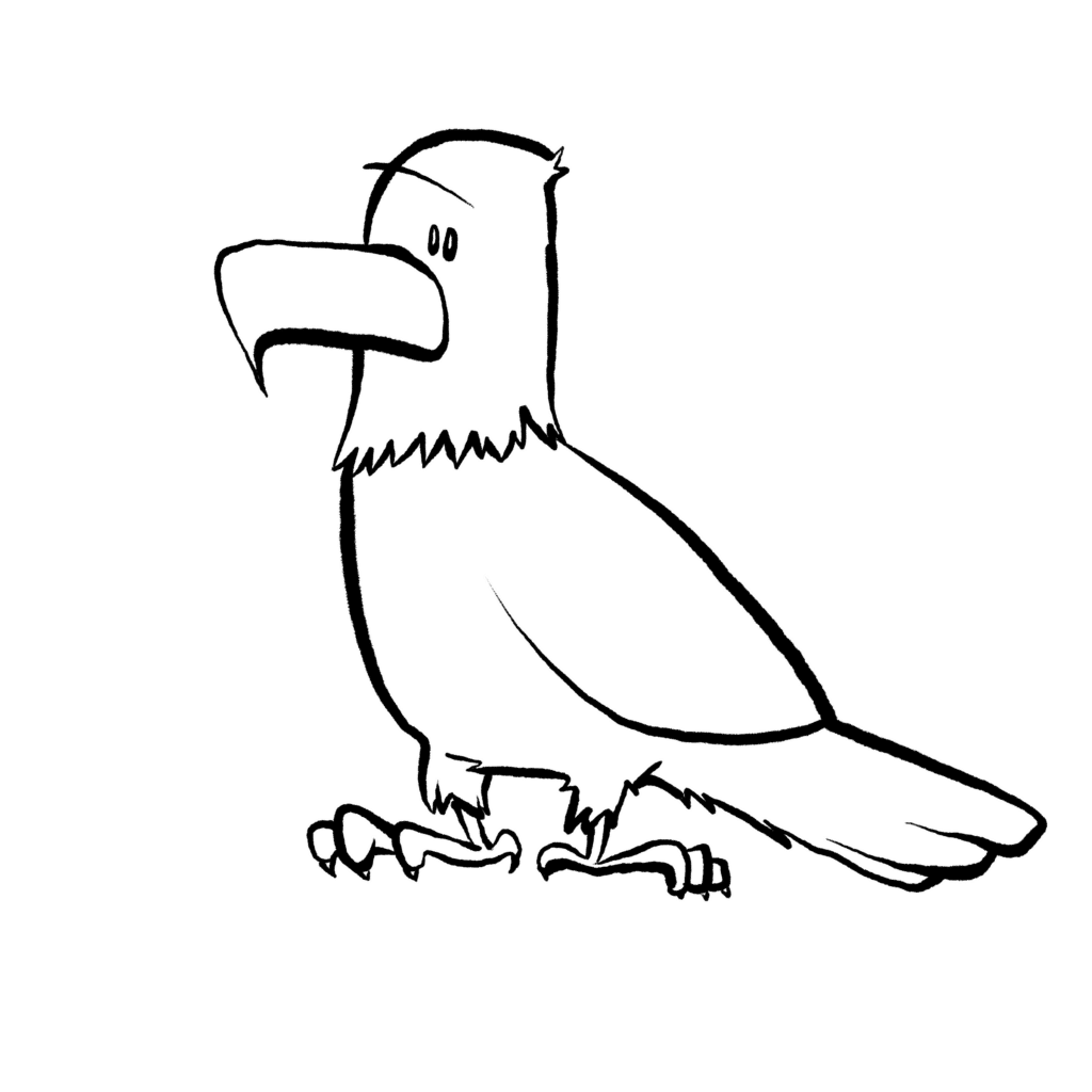A bald eagle with a big yellow beak stands still, its small eyes glancing sideways, in black and white.