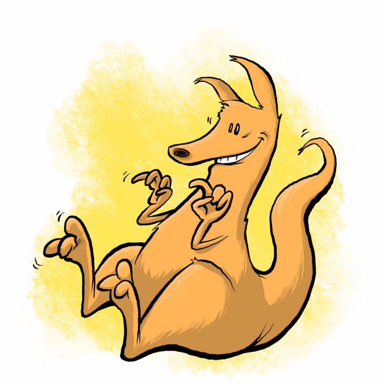 An orange kangaroo rolls on its back, grinning wide and wiggling its paws and feet.