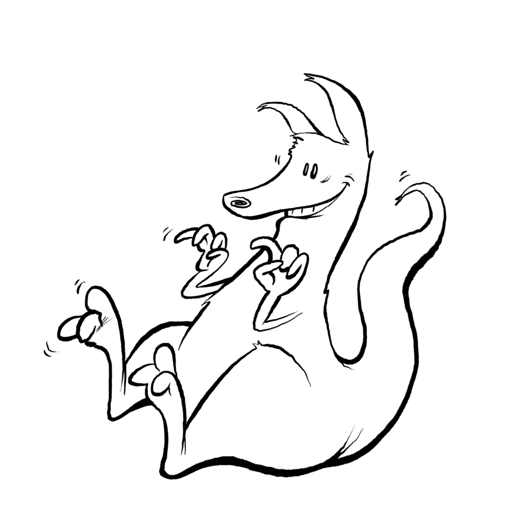 An orange kangaroo rolls on its back, grinning wide and wiggling its paws and feet, in black and white.