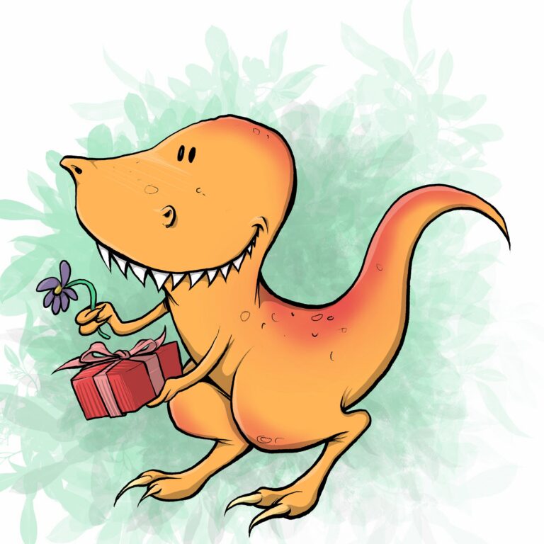 A smiling orange T-Rex with a toothy grin offers a purple flower and a red wrapped gift, over soft green leaves.