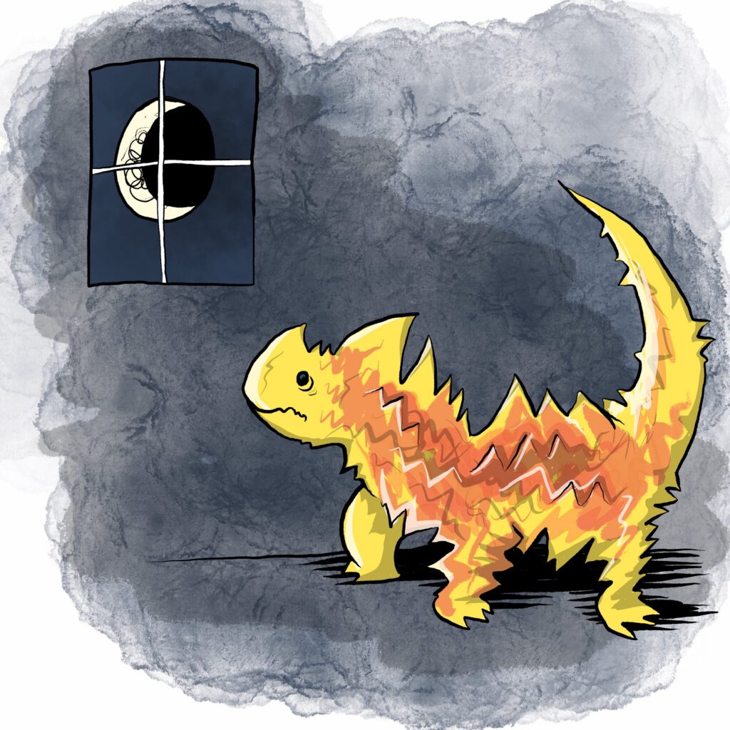 A spiky orange and yellow thorny devil stands alone in a dark room, frowning, beneath a window with a crescent moon.