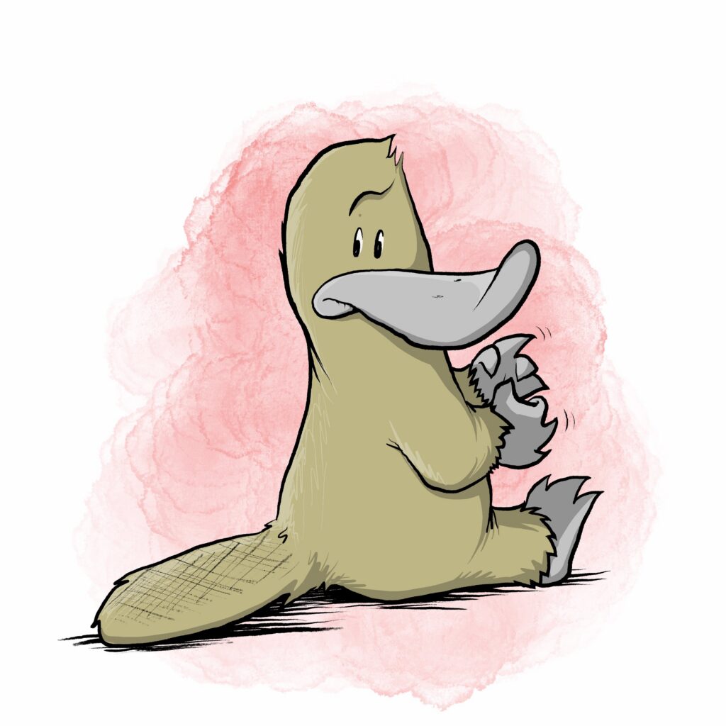 An olive-brown platypus sits with its back turned, glancing over its shoulder with worried eyes and fidgeting paws.