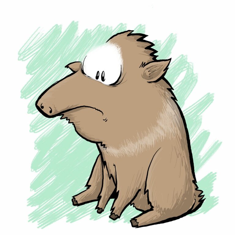 A brown peccary sits slumped with a deep frown and big watery eyes.