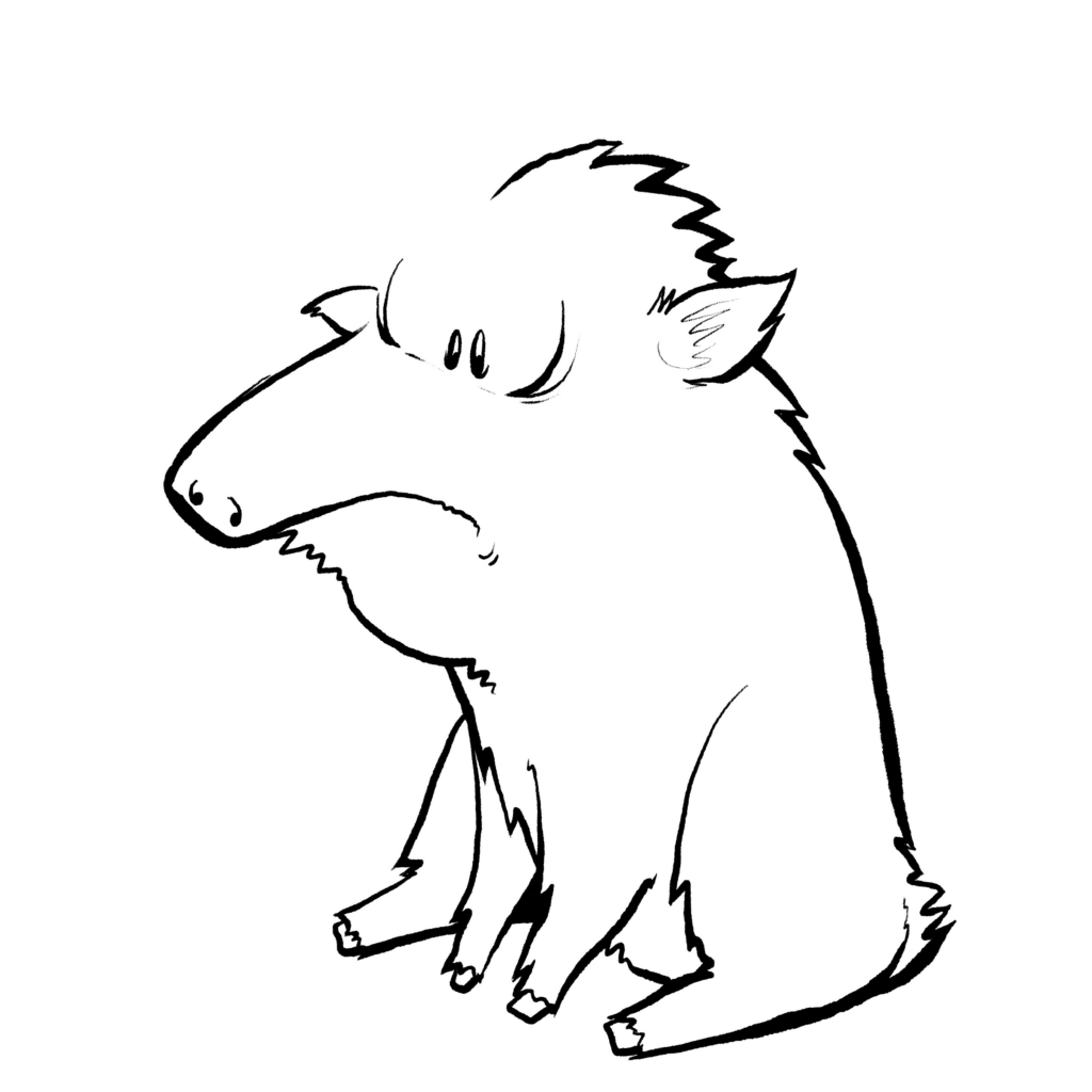 A brown peccary sits slumped with a deep frown and big watery eyes, in black and white.