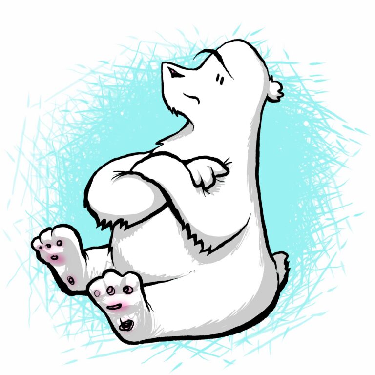 A white polar bear sits hugging its knees, chin raised and eyeing the side warily.