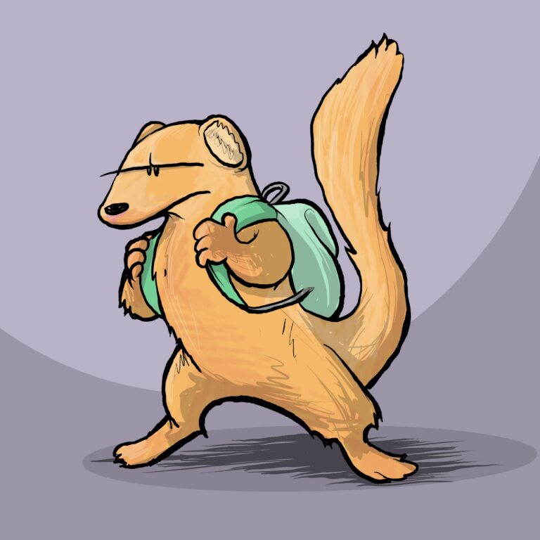 A golden mongoose with narrowed eyes strides forward, gripping the straps of a green backpack.