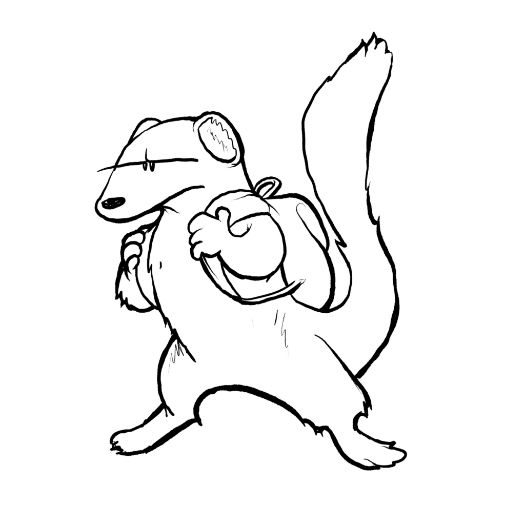 A golden mongoose with narrowed eyes strides forward, gripping the straps of a green backpack, in black and white.