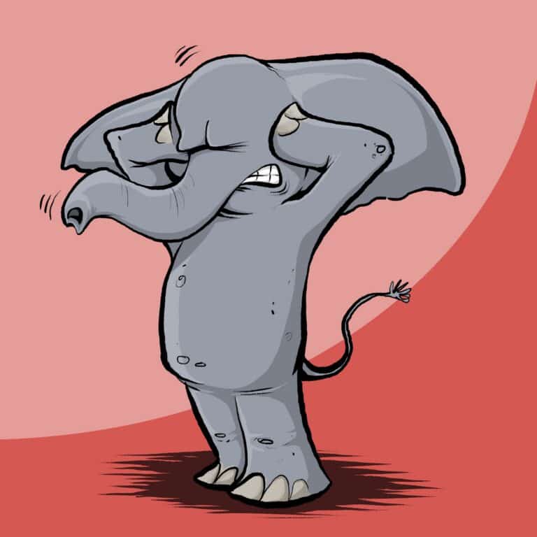 An exasperated gray elephant clutches its head with both arms, eyes shut and teeth gritted.