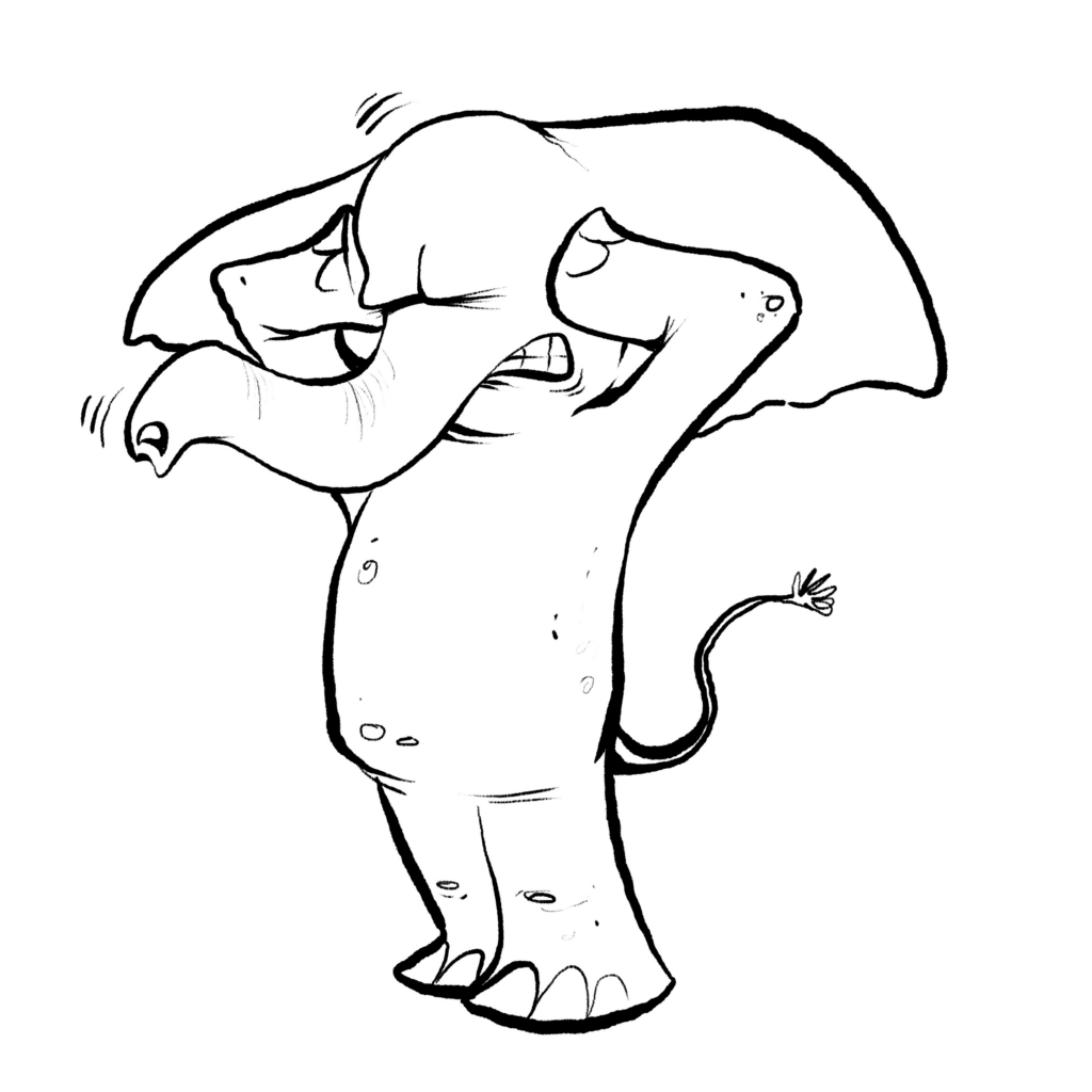 An exasperated gray elephant clutches its head with both arms, eyes shut and teeth gritted, in black and white.