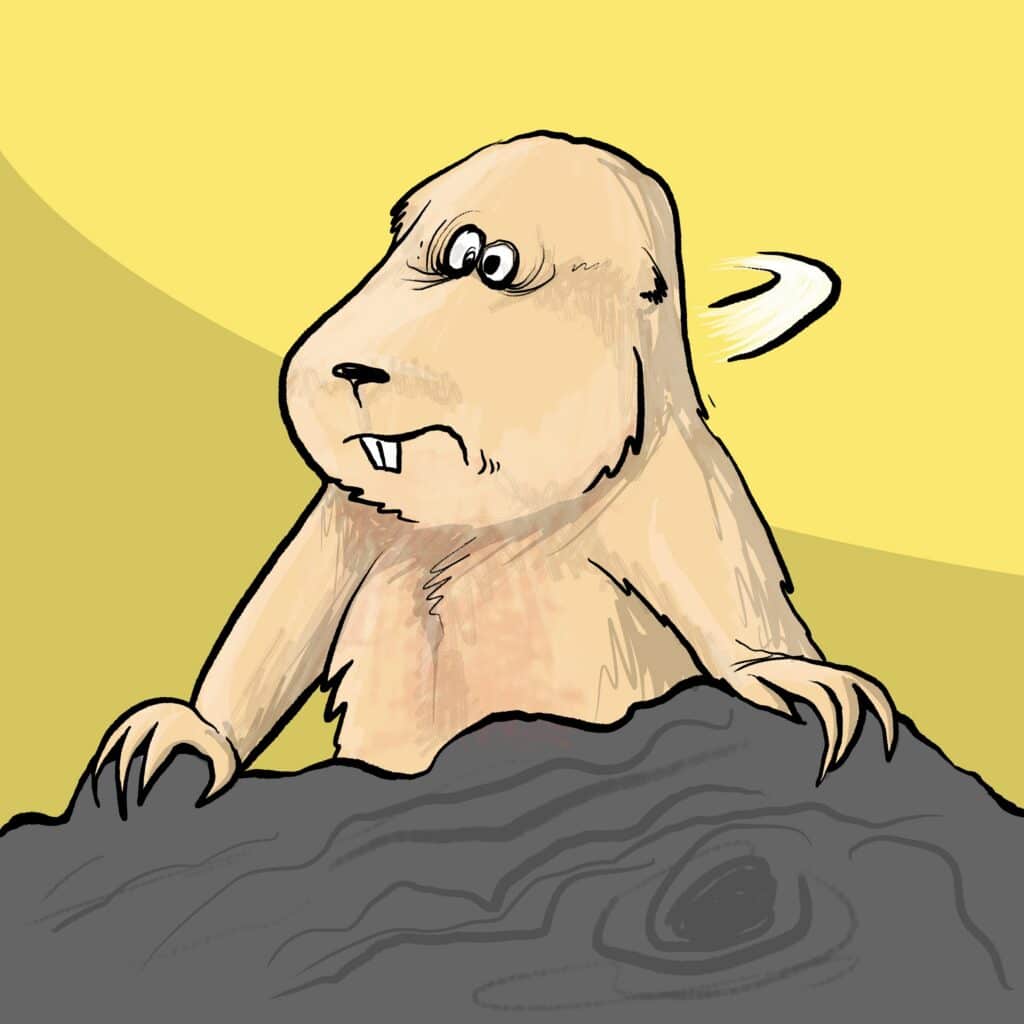 A tan prairie dog peeks over a dark rock with wide, startled eyes and clenched claws.