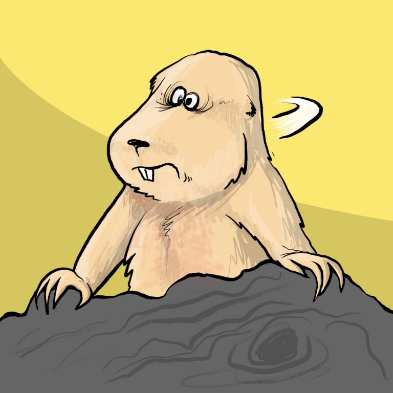 A tan prairie dog peeks over a dark rock with wide, startled eyes and clenched claws.