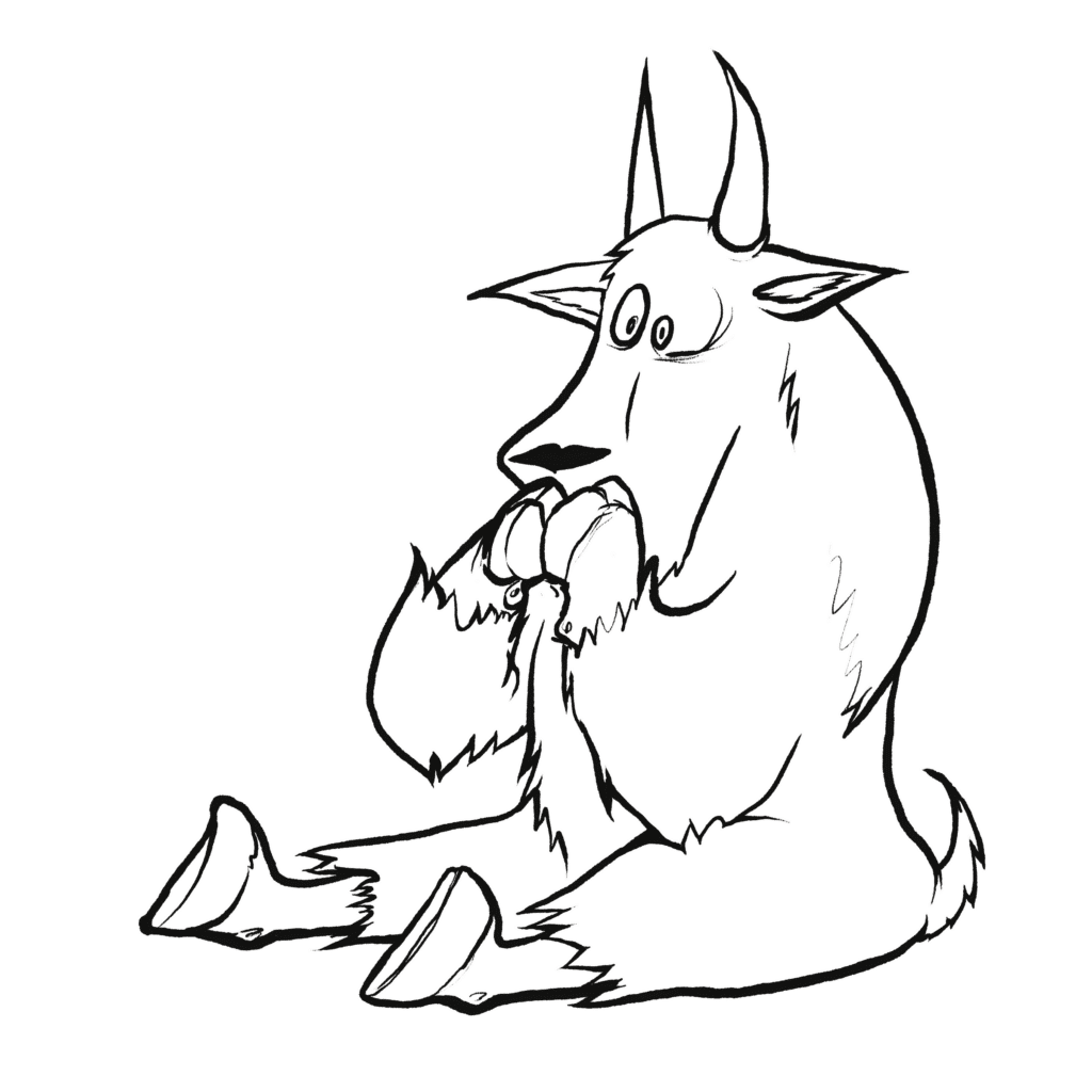 A white mountain goat sits on the floor with bulging eyes, hooves pressed to its mouth in shock, in black and white.
