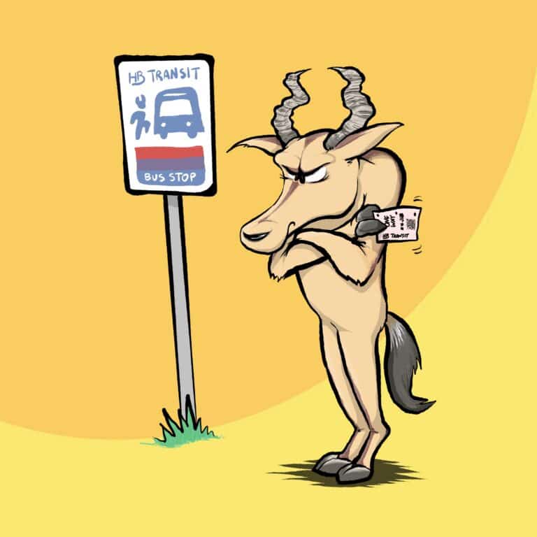 A scowling hartebeest with ridged horns stands arms crossed, holding a bus ticket, beside a bus stop sign.