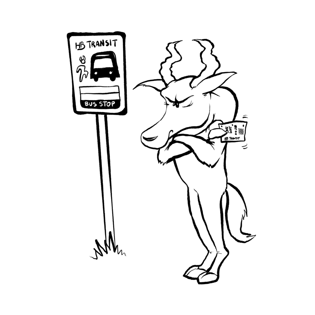 A scowling hartebeest with ridged horns stands arms crossed, holding a bus ticket, beside a bus stop sign, in black and white.