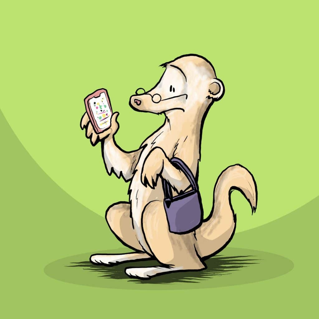 A cream meerkat in small round glasses stares absorbed at a phone, a purple handbag on its arm.