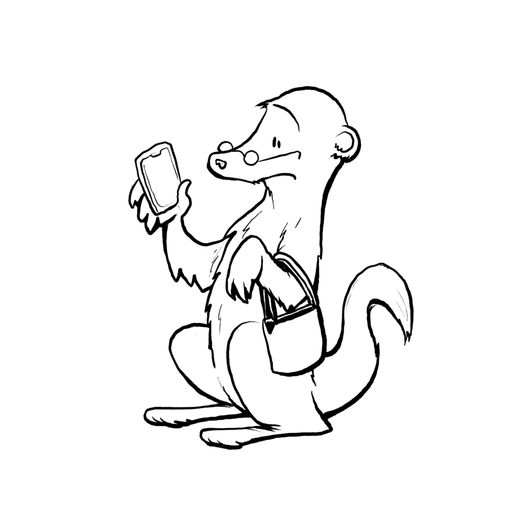A cream meerkat in small round glasses stares absorbed at a phone, a purple handbag on its arm, in black and white.