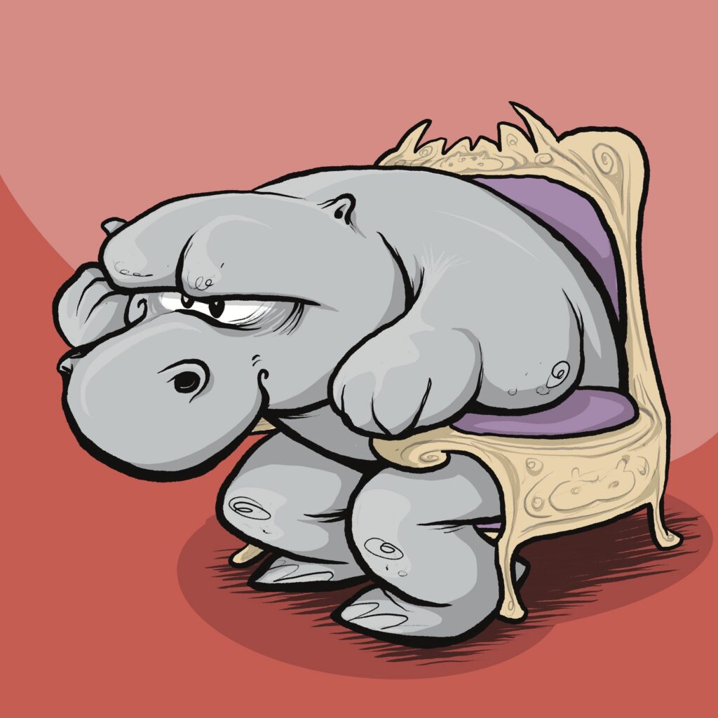 A gray hippopotamus slouches in an ornate gilded armchair, glaring from under heavy brows.