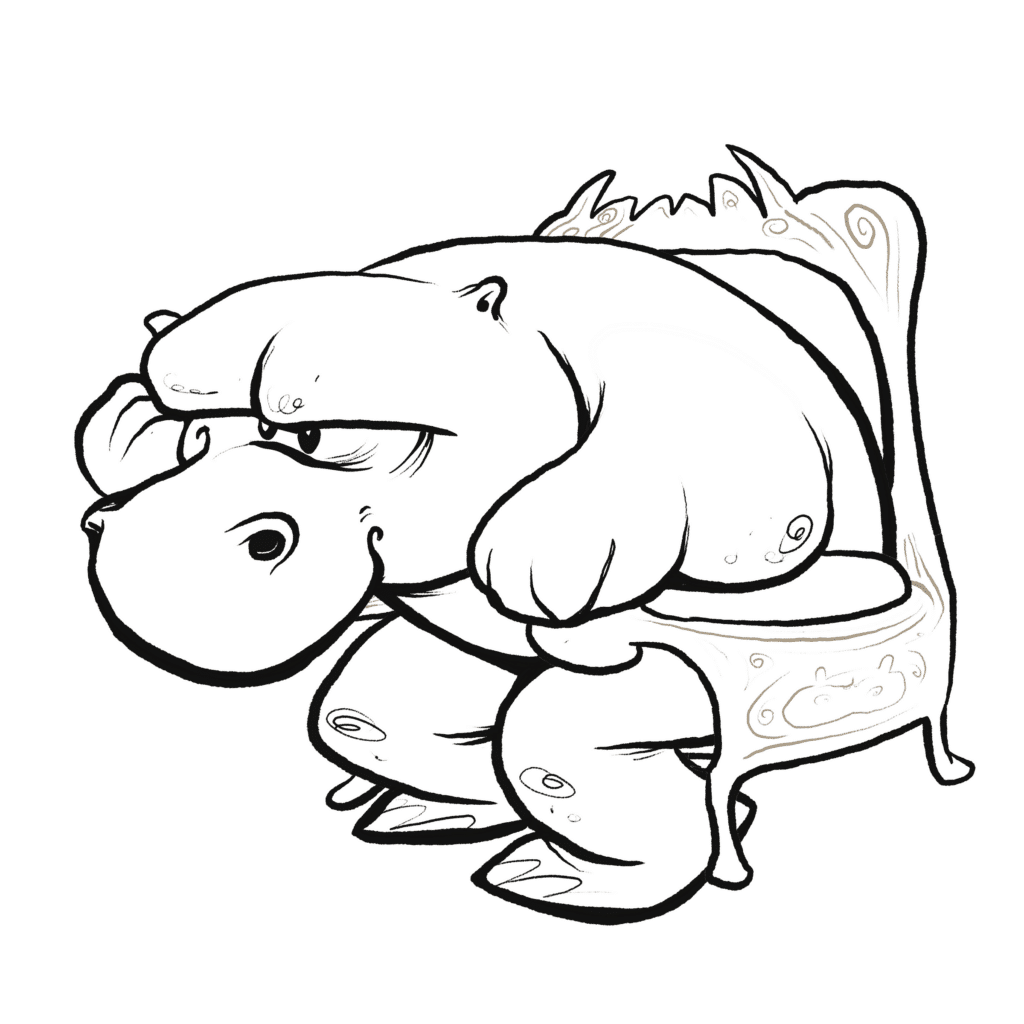 A gray hippopotamus slouches in an ornate gilded armchair, glaring from under heavy brows, in black and white.