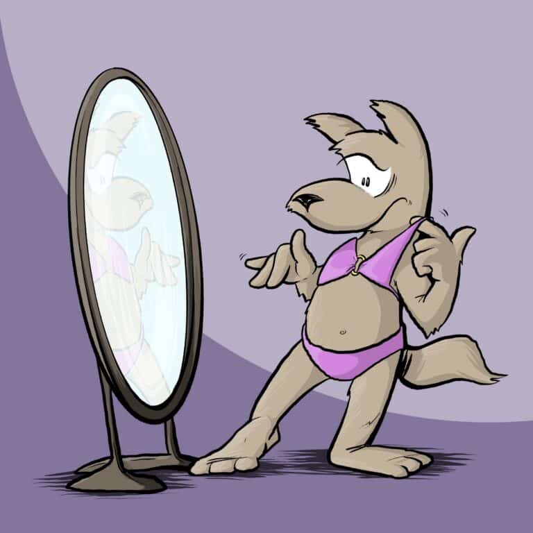 A tan puppy in a purple bikini eyes its reflection in a tall oval mirror, shrugging uncertainly, against a violet wall.