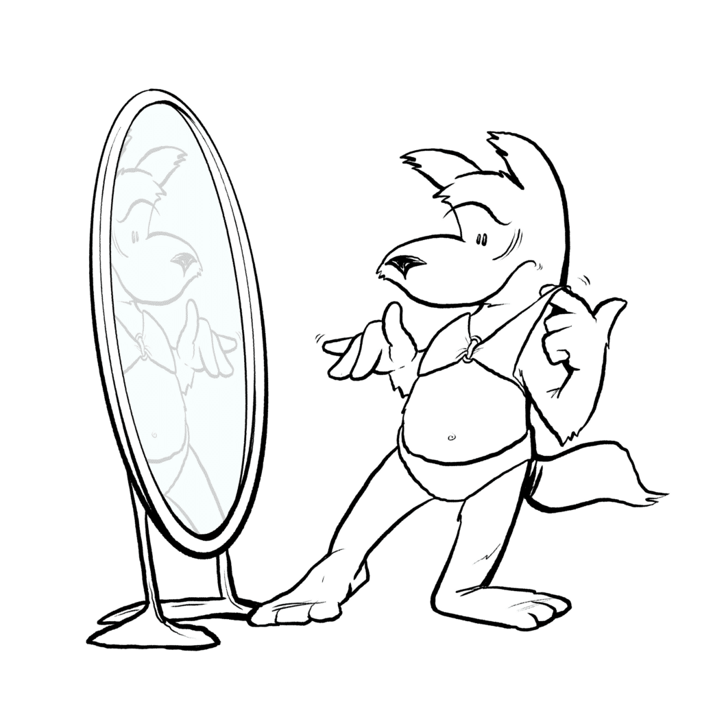 A tan puppy in a purple bikini eyes its reflection in a tall oval mirror, shrugging uncertainly, against a violet wall, in black and white.