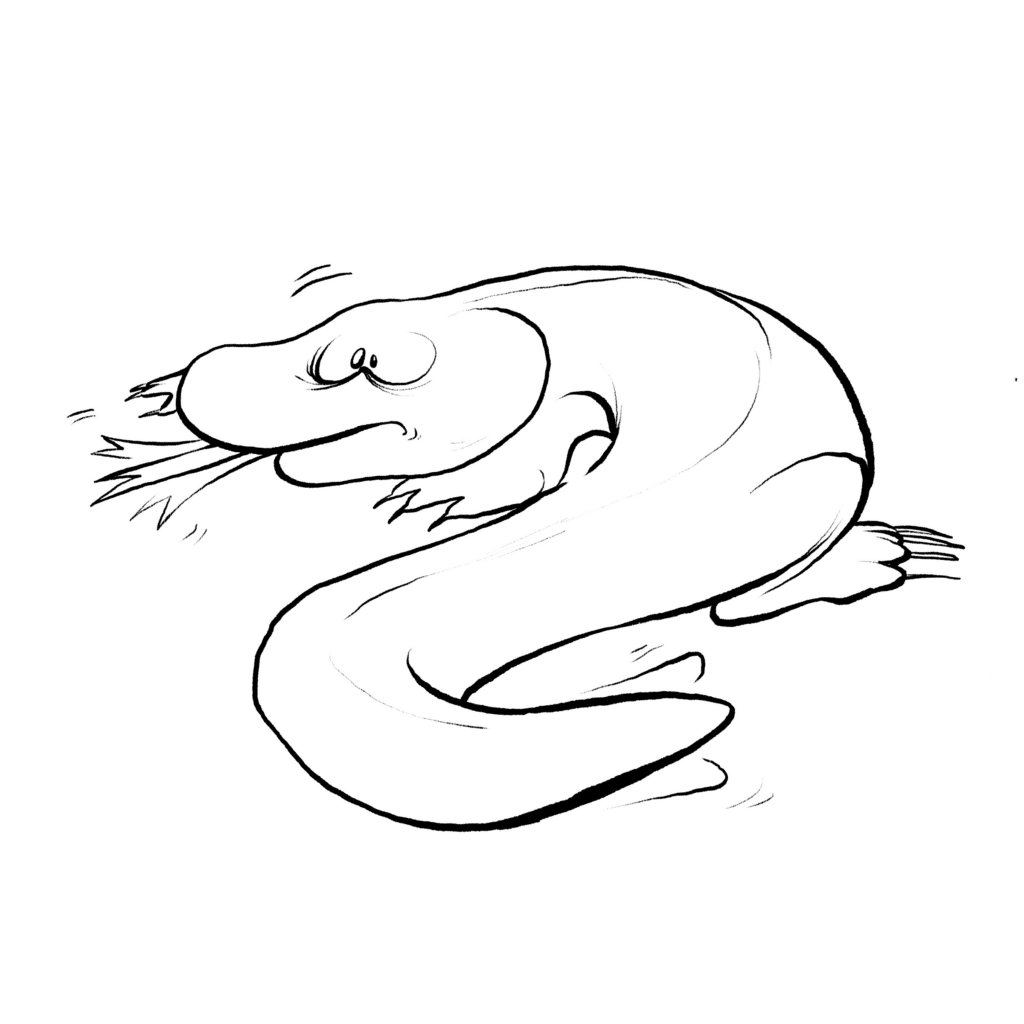 A black-and-orange banded Gila monster freezes with bulging eyes and a flicking forked tongue, in black and white.