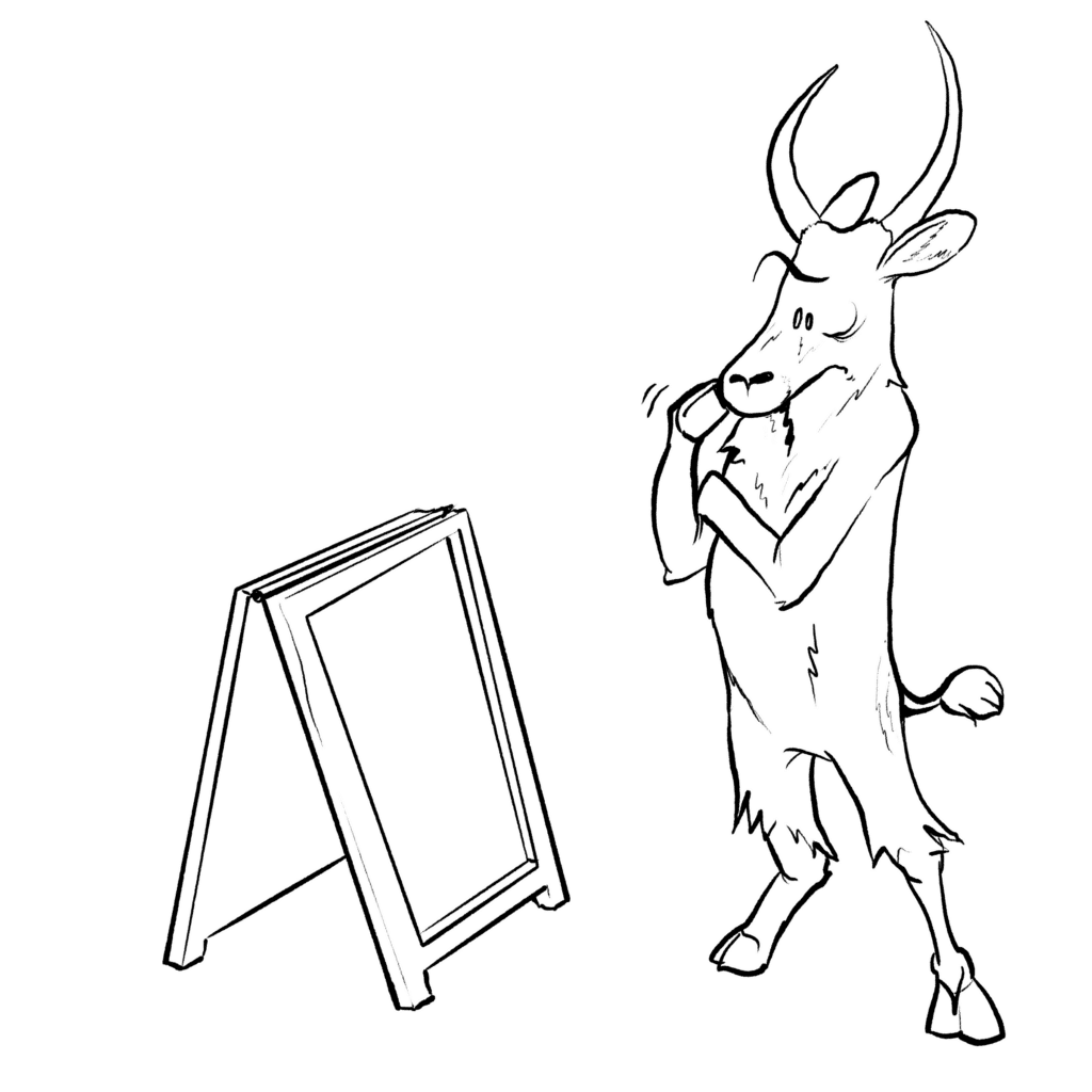 A puzzled waterbuck scratches its chin while studying a chalkboard sign of the day's specials, in black and white.