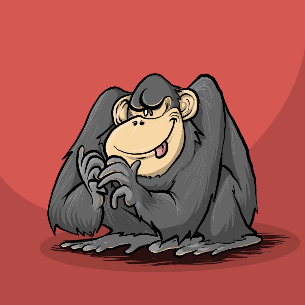 A dark gray chimpanzee hunches forward with a sly grin and narrowed eyes, tapping its fingertips together.